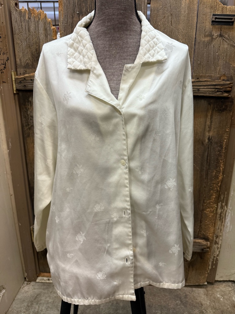 Cacique Cream Satin Button-Down Shirt With Quilted Collar